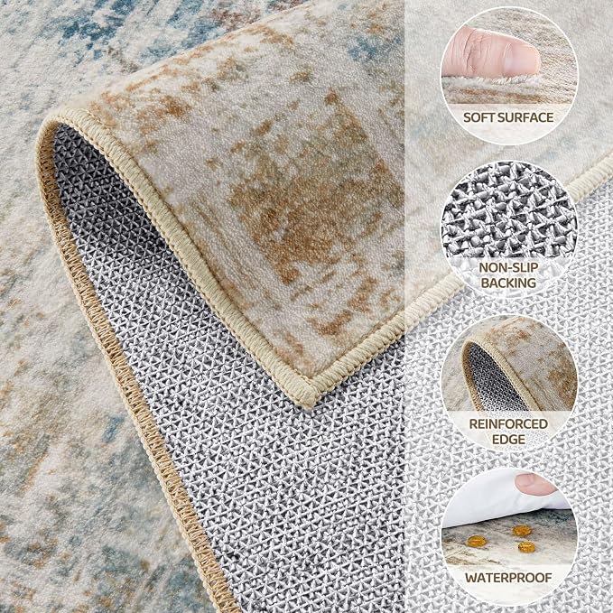 UERMEI 12x15 Area Rug for Living Room: Extra Large Neutral Abstract Carpet Modern Soft Low Pile Stain Resistant Washable for Open Floor Plan Bedroom Dining Office Kids Pets Friendly Blue Brown
