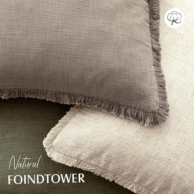 Foindtower Set of 2 Decorative Linen Fringe Throw Pillow Covers Boho Farmhouse Cushion Cover with Tassels Accent Pillowcase for Couch Chair Sofa Bed Living Room Home Decor,16×16 Inch,Dune