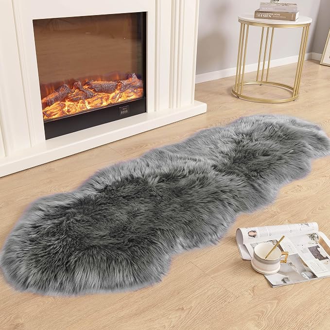 Carvapet 2x6 Faux Sheepskin Rug - Gray Shaggy Fluffy Area Rug Runner, Soft Plush Fake Fur Couch Seat Cushion Floor Cover Mat for Bedroom Living Room