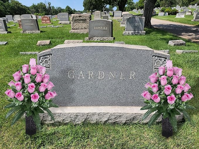 LVXINLI 2 Sets Artificial Cemetery Flowers,Outdoor Grave Decorations Roses,Beautiful Arrangements Bouquet with Cemetery Vase,Lasting and Non-Bleed Colors (Light Pink)