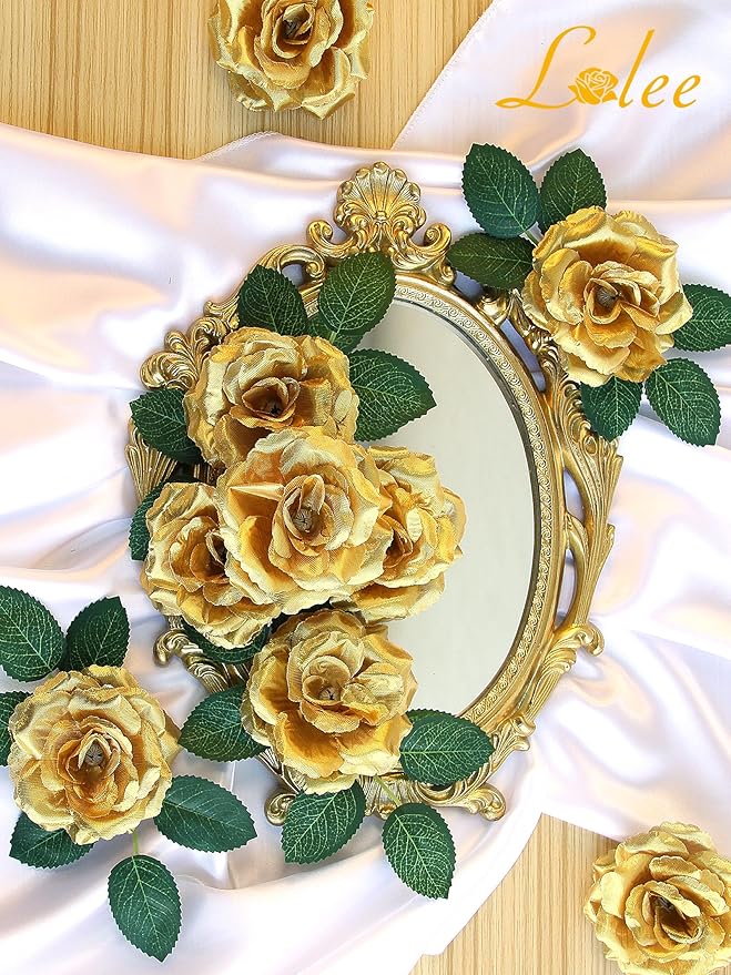 LELEE Rose Head Flowers with Stem - 108pcs Gold Rose Artificial Flowers Bulk - 3.1'' Silk Roses Fake Flower for Wedding Bouquet Party Home Decor DIY Baby Shower Centerpieces Tables Decoration