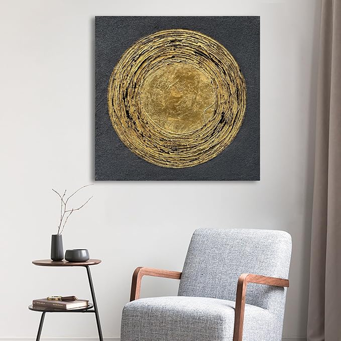 30x30 inch Hand-Painted Gold and Black Texture Abstract Art Modern Home Office Wall Decorative Art