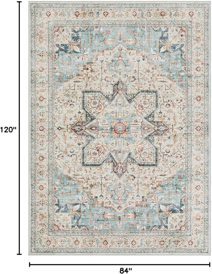Tortania Area Rug Living Room Rugs - 7x10 Washable Boho Rug Vintage Oriental Distressed Farmhouse Large Thin Indoor Carpet for Living Room Bedroom Under Dining Table Home Office - Aqua Multi