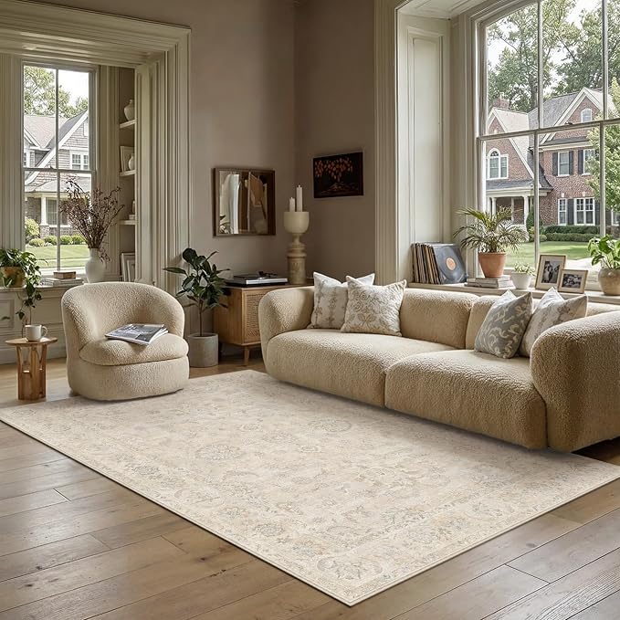 6x9 Cream Washable Area Rug for Living Room Bedroom Neutral Floral Soft Non Slip Rug Low Pile Distressed Carpet for Dining Room Nursery Office Indoor