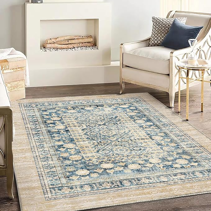 CHAMPLANT Washable Area Rug 3'x5' Vintage Traditional Floor Cover Foldable Thin Rugs Retro Kitchen Indoor Distressed Non Slip Carpet Floral Print Mat Bedroom Living Room
