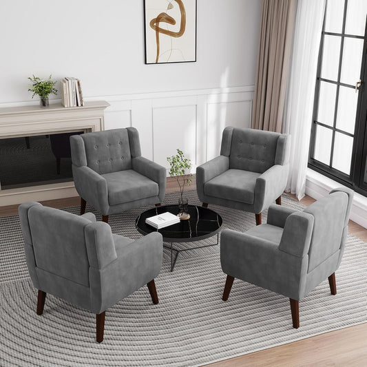 UIXE Accent Chair, Velvet Upholstered Armchair for Living Room, Modern Club Arm Chairs Comfy Single Sofa Button Tufted Bedroom Reading Seat - Gray, Set of 4