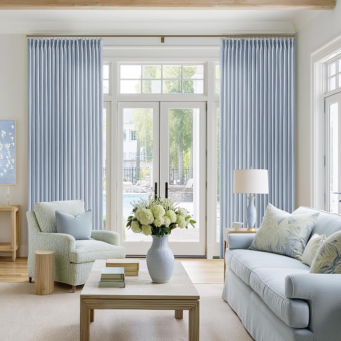Dusty Blue Linen Curtains 90 Inches Long for Living Room Pinch Pleat Drapes with Hooks Rings Back Tab Farmhouse Modern Neutral Pleated Flagstone Blue Gray Curtain 90 Inch Length for Bedroom Dining