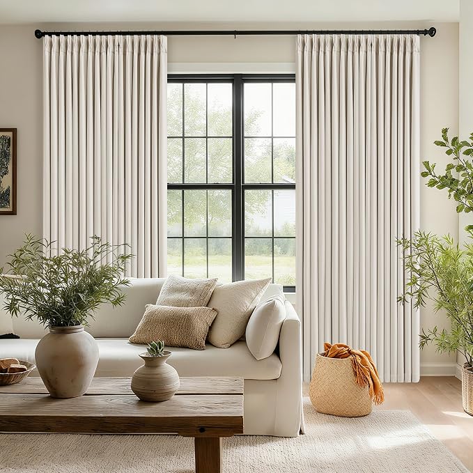 Pinch Pleated 100% Blackout Linen Curtains 96 Inch Length 2 Panels Pinch Pleat Curtains Black Out Light Blocking Room Darkening Drapes Dual Layer for Bedroom Living Room Window Cream Ivory Natural