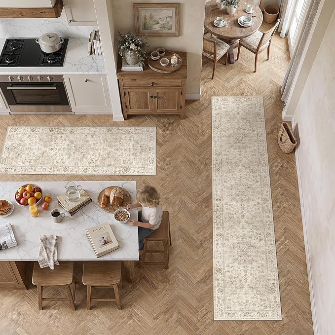 2 Piece Washable Kitchen Rug Set Beige Vintage Runner Mats Non-Slip Soft Low Pile Farmhouse Area Rugs for Floor Sink Laundry Bedroom Bathroom Living Room, 2x6 + 2x10