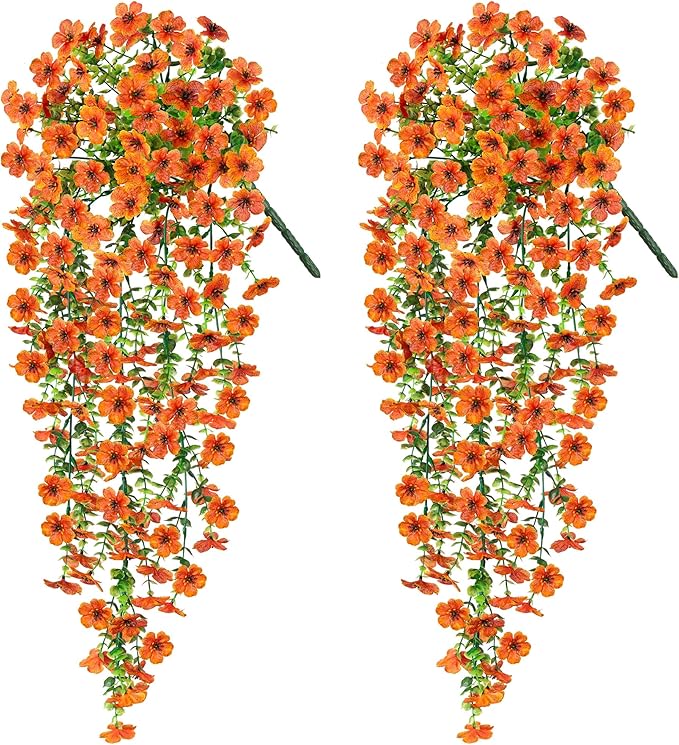 Ammyoo Artificial Hanging Flowers for Outdoors Fake Plants Decoration, 2 Packs Faux Silk Daisy Flower Realistic Outdoor Flowers UV Resistant Porch Patio Window Yard Indoor Spring Decor(Orange)