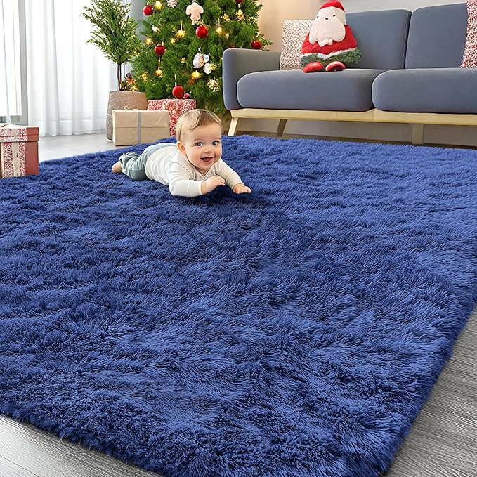 OLANLY 6x6 Area Rugs for Living Room Bedroom, Machine Washable Soft Fluffy Shaggy Bedside Rug, Indoor Floor Carpet for Kids Girls and Boys, Dorms, Nursery Rooms, Home Decor Aesthetic, Navy Blue