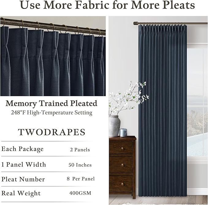 Extra Long Dark Blue Linen Curtains 120 Inches Long Modern Ocean Navy Curtain Light Filtering Semi Sheer Back Tab Pinch Pleat Curtain for Tall Ceiling Living Room 2 Panels 50 by 120 Inch Length