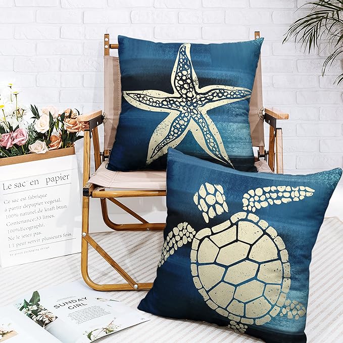 Nautical Theme Decorative Throw Pillow Covers 18x18 Set of 2 Coastal Starfish Sea Turtle Pillowcase Ocean Beach Blue Linen Pillow Covers for Outdoor Couch Living Room