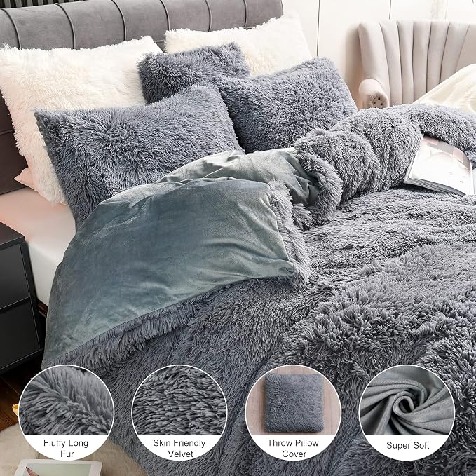 Fluffy Plush Duvet Cover Set Twin Size, Luxury Ultra Soft Velvet Fuzzy Comforter Cover Bed Sets 3Pcs(1 Faux Fur Duvet Cover + 1 Pillow Cases + 1 Pillow Cover) Zipper Closure (Twin, Dark Gray)