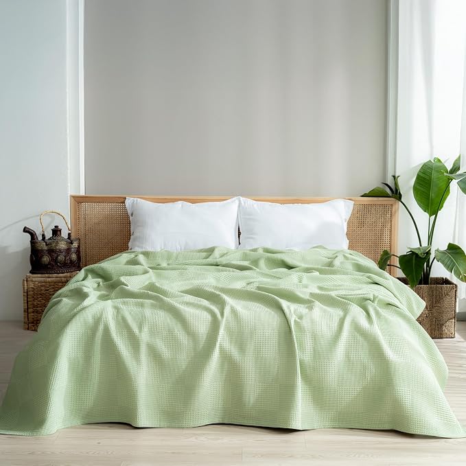 100% Turkish Cotton Blanket Twin Size Waffle Weave Blankets, Made in Turkiye, Light Airy Throw Bedspread (Mint Green, Twin Size Blanket 70 x 90 inch)