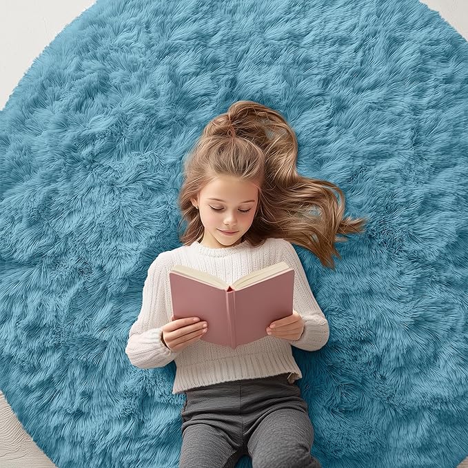 OLANLY Slate Blue Round Rugs for Bedroom - Machine Washable, 7 ft Circle Area Rugs for Living Room, Soft and Fluffy Shaggy Carpet for Teen Girl and Boys, Nursery Rooms, Dorms, Home Decor Aesthetic