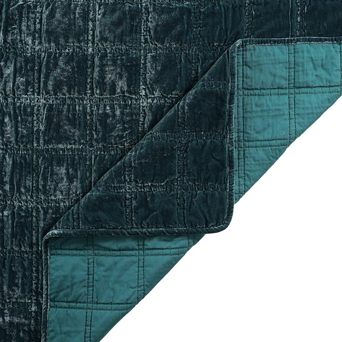 HiEnd Accent Stella Faux Silk Velvet Double Box Stitch 3 Piece Quilt Set, King Size, Storm Blue Solid Color, Classic Chic Modern Rustic Elegant Bedding Set, Lightweight Bed Set