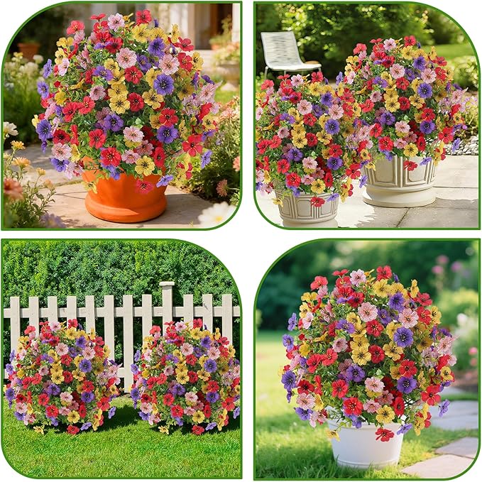 Alupssuc 2Pcs 20" Artificial Topiary Ball Flowers, Spring Outdoor Decoration with Spike, UV Resistant Faux Summer Plants, Faux Bushes Plants, Red Deep Purple Yellow Pink for Garden, Porch Decor