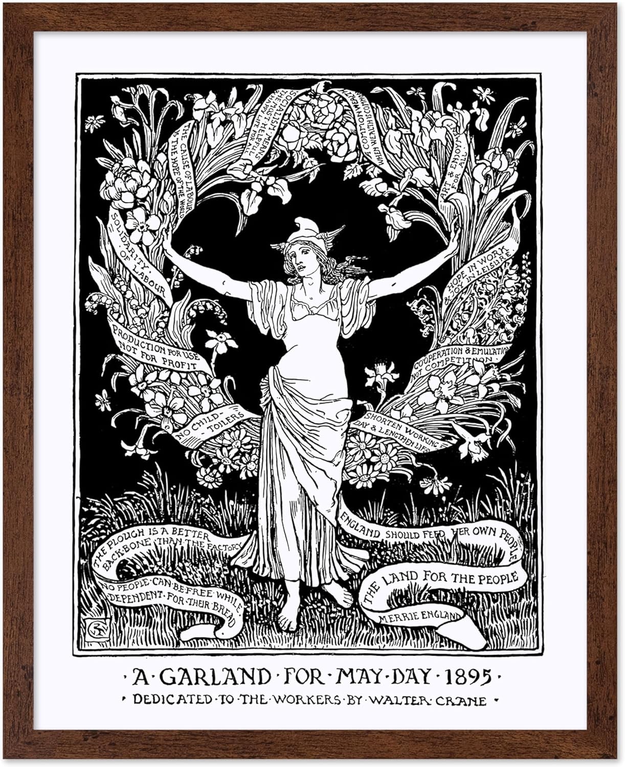 Poster Master Vintage Walter Crane Poster - Retro A Garland for May Day Print - Socialist Art - Gift for Him, Her, Men, Women - Wall Decor for Home, Office, Living Room, 16x20 Brown Framed