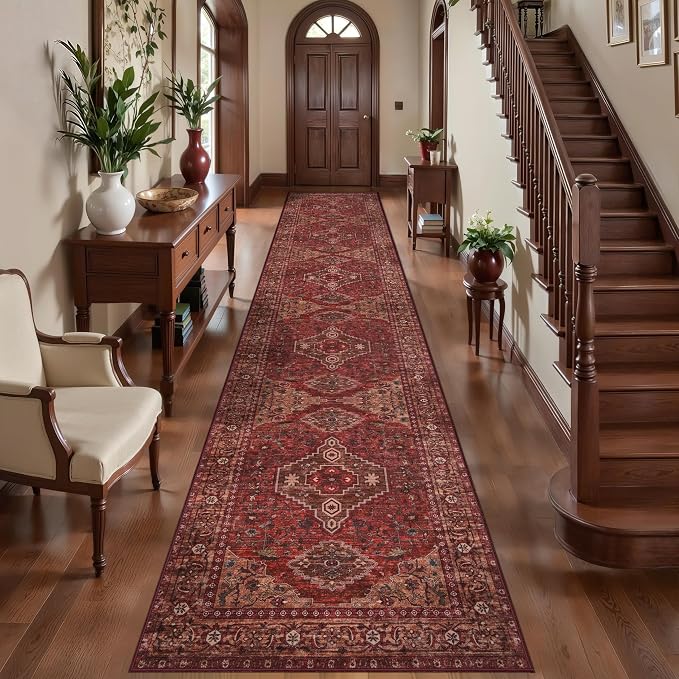 Tangsoo Boho 2.6x16 Runner Rug for Hallways Non Slip, Red Washable Runner Rug, Vintage Soft Low Pile Long Rug Runners, Oriental Print Carpet Runners for Kitchen Bedroom Entryway Living Room