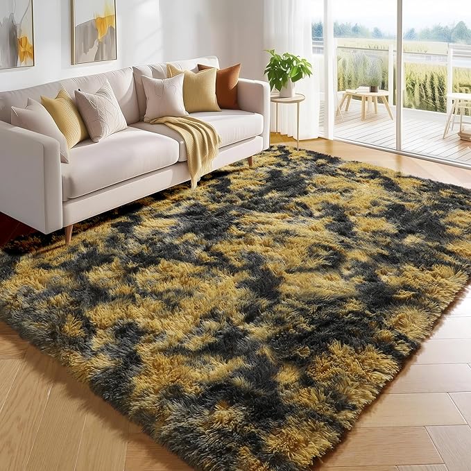 PAGISOFE 4x6 Black and Yellow Bedroom Rugs, Fluffy Modern Living Room Area Rug, Fuzzy Shaggy Carpet, Indoor Plush Rugs for Kids Room Furry Floor Rug for Boys Room Decor Carpet for Teen Dorm Nursery