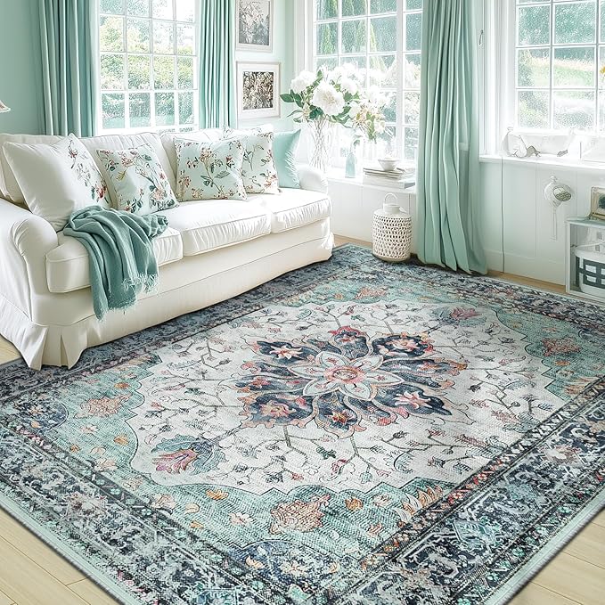 RELEANY Area Rugs 6'x8' Washable Non-Slip, Floral Vintage Distress Print Pattern Medallion Carpet for Living Room Bedroom Dining Room, Green Navy Blue White Red Teal Colorful