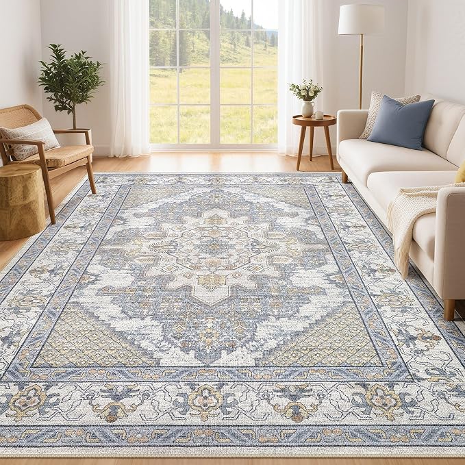 Tortania Area Rug Living Room Rugs - 6x9 Washable Boho Rug Vintage Oriental Distressed Farmhouse Large Thin Indoor Carpet for Living Room Bedroom Under Dining Table Home Office - Blue Beige