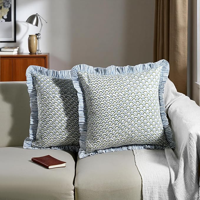 Ridhi Block Print Hand Fan Harmony Throw Pillow Cover 20" x 20" (Pack of 2) Decorative Cushion Covers with Ruffle for Couch, Sofa, Bed, Living Room, Home Decor Gift for Spring, Easter, Valentine