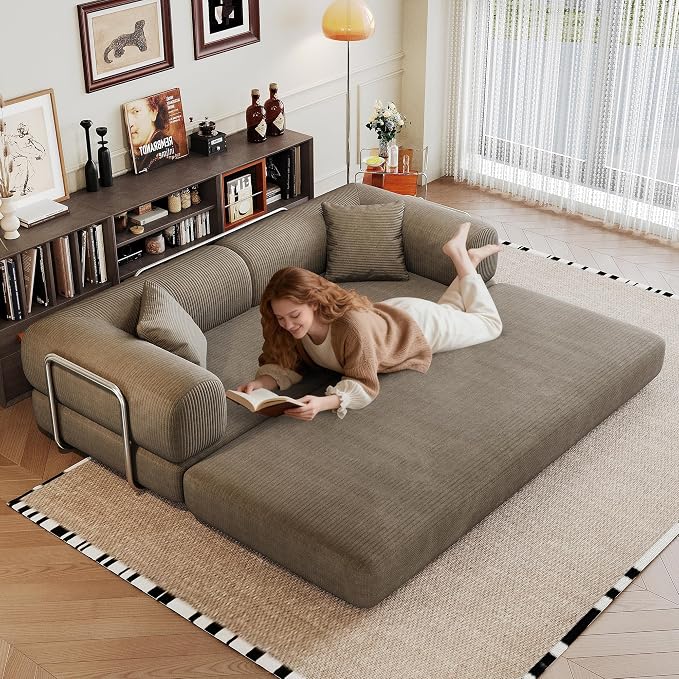JINGLING 79" Queen Sleeper Sofa Bed with Memory Foam, Compressed Couch in a Box, Foldable Convertible Small Couches for Small Spaces Bedroom Game Room, Corduroy Fabric, Camel