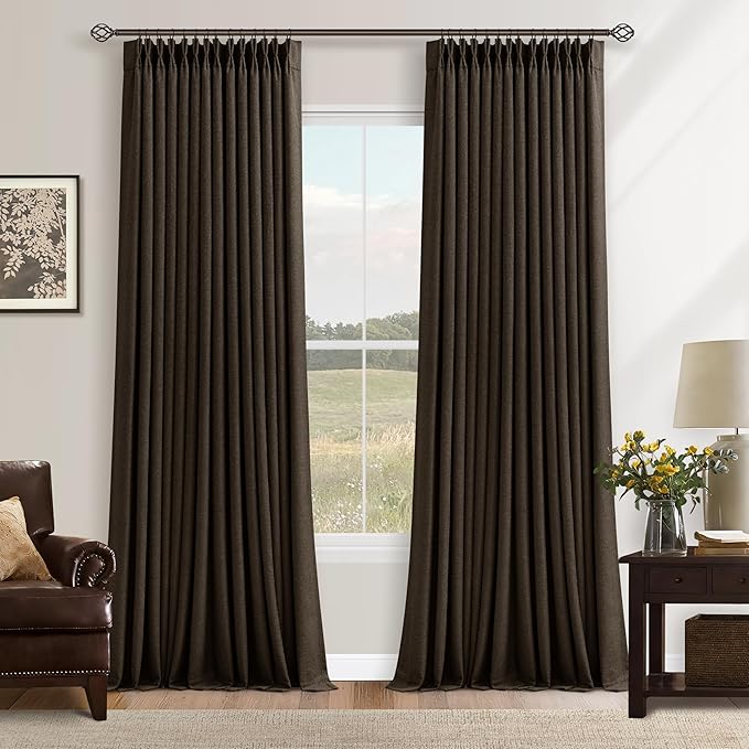 Extra Long 120 Inch Blackout Chocolate Brown Curtains for Bedroom Memory Trained Pinch Pleated Dual Layer Linen Drapes Sound Proof Thermal Luxury Floor to Ceiling Curtain 10FT Length 2 Panels Set