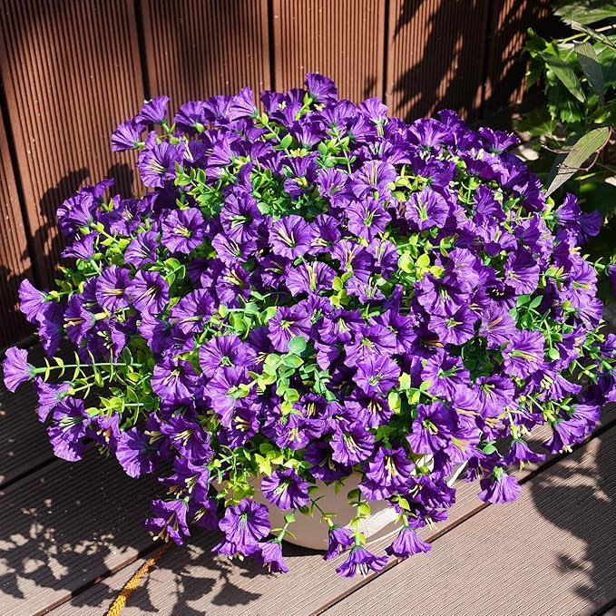 Artificial Flowers for Outdoors, UV Resistant Fake Silk Morning Glory, Realistic Faux Plants for Outside Porch Patio Window Box Hanging Planter (12, Purple)
