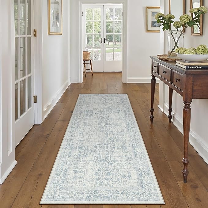 PureCozy Blue Runner Rug 2x6 Hallway Machine Washable Kitchen Vintage Distressed Non Slip Long Carpet Indoor Retro Floral Bedroom Accent Throw Rug for Bathroom Office Laundry Dining Room