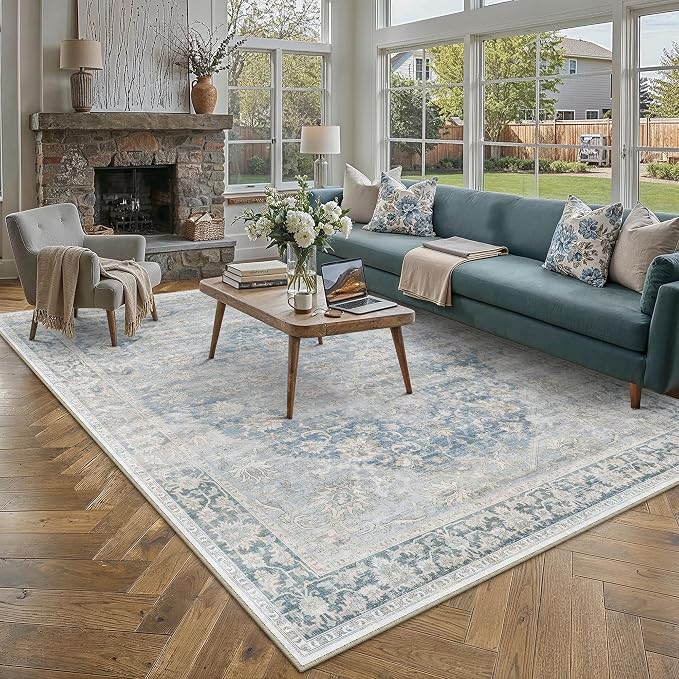9x12 Neutral Area Rug Blue Vintage Living Room Bedroom Washable Carpet Non-Slip Soft Low Pile Oriental Indoor Large Throw Rug for Dining Room Office