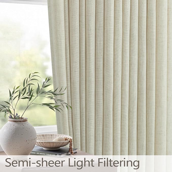 Beige Flax Linen Curtains 84 Inch Length for Living Room 2 Panel Pinch Pleated Back Tab Tan Burlap Textured Drape Semi Sheer Light Filtering Country Rustic Farmhouse Bedroom Curtain Hook Ring 7FT Long
