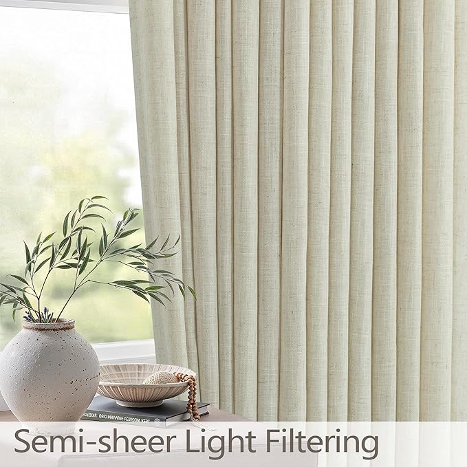102 Inch Pinch Pleat Curtains 2 Panels Back Tab Tan Beige Pleated Linen Drapes for Living Room Neutral Farmhouse Light Filtering Semi Sheer Linen Curtains 102 Inch Length for Bedroom 9 FT Tall Custom