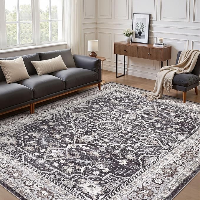 Black Rug Living Room Rugs: 10x13 Washable Boho Large Vintage Moody Soft Distressed Oriental Stain Resistant Non-Slip Indoor Floor Carpet for Bedroom Playroom Office Dining Room Retro Home House