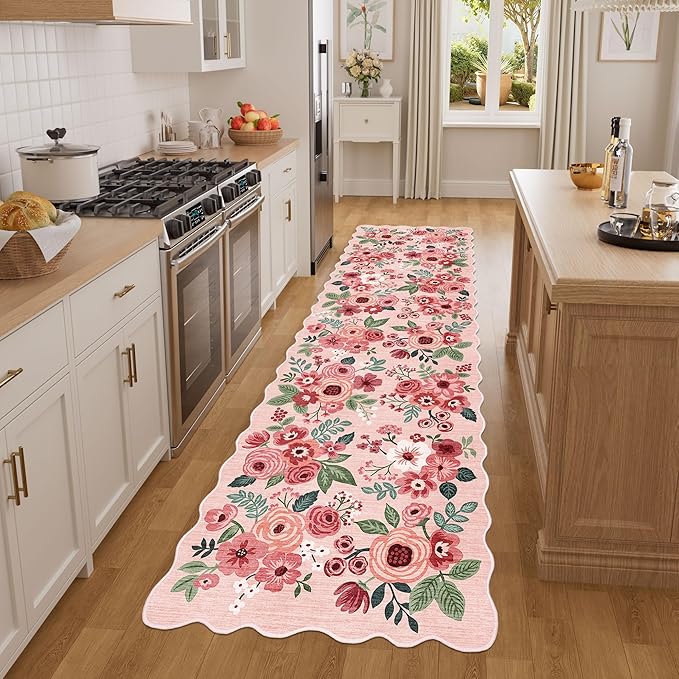 DUKINO Washable Runner Rug, 2x7 Lightweight Soft Floral Hallway Rug Runner with Low Pile Design, Non Shedding & Non Slip Backing Thin Indoor Carpet for Bedroom, Bathroom, Entrance, Kitchen, Pink