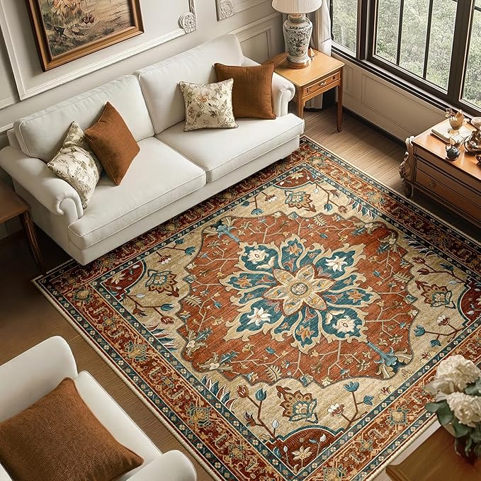RELEANY Area Rugs Square 6ft Washable Non-Slip, Floral Vintage Distress Print Pattern Medallion Carpet for Living Room Bedroom Dining Room, Red Orange Blue Brown