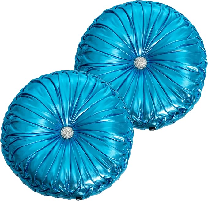 HIG Set of 2 Handcrafted Blue Ruched Round Throw Pillows – 14.5’’ Metallic Leather Decorative Pillows with Soft Polyester Filling for Couch, Bed, Living Room, Bedroom, or Dorm
