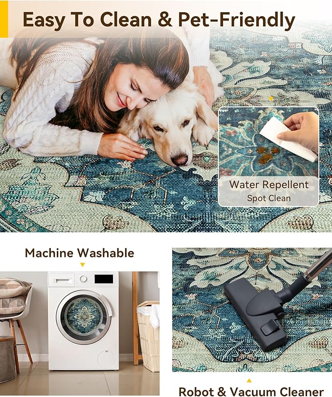 RELEANY Area Rugs 7ft Washable Non-Slip, Floral Vintage Distress Print Pattern Medallion Carpet for Living Room Bedroom Dining Room, Dark Blue Vintage