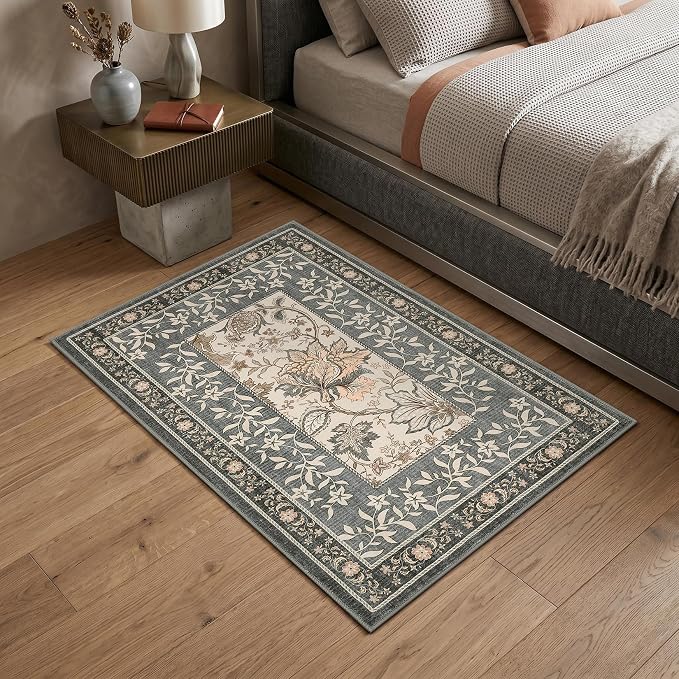 GarveeHome Grey Small Rug 2x3 Door Mat Indoor Vintage Cottage Core Farmhouse Low-Pile Stain Resistant Non-Slip Washable Rugs for Entryway Bathroom Bedroom Kitchen TPE Backing