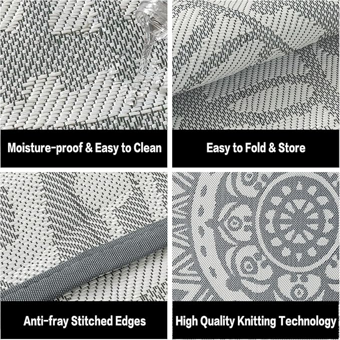 HUGEAR 6x9 Outdoor Boho Rug Grey Patio Waterproof Rug Home Decor Reversible Plastic Straw Rugs Outside Indoor Floor Mat for Camping Balcony RV Deck Porch Pool Backyard