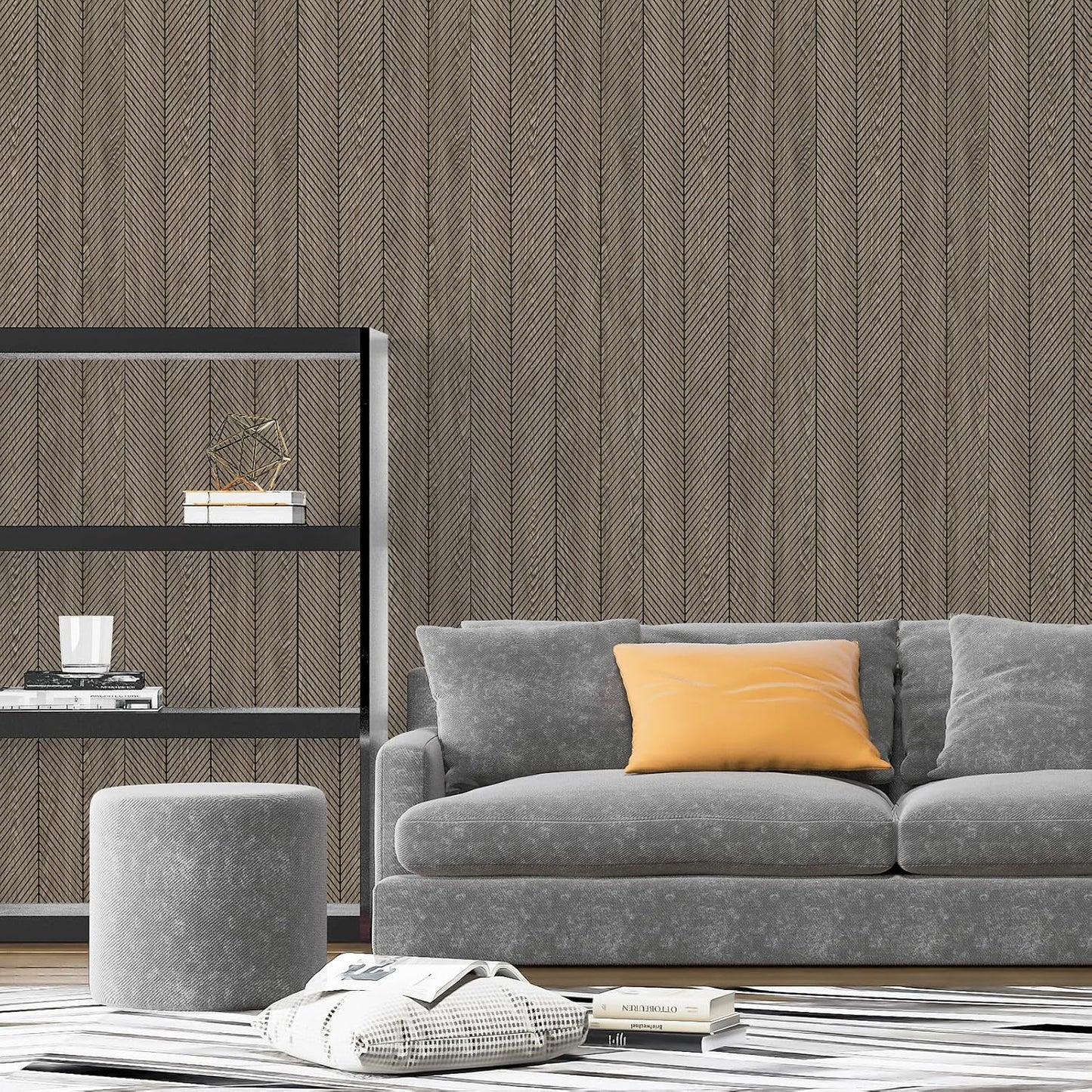 Art3d 4-Pack Glue-On Herringbone Wainscoting Panel for Interior Wall Decor - 104 x 12 Inch Polystyrene Ultralight Slim Slat Wall Panels for Living Room Bedroom, Mahogany