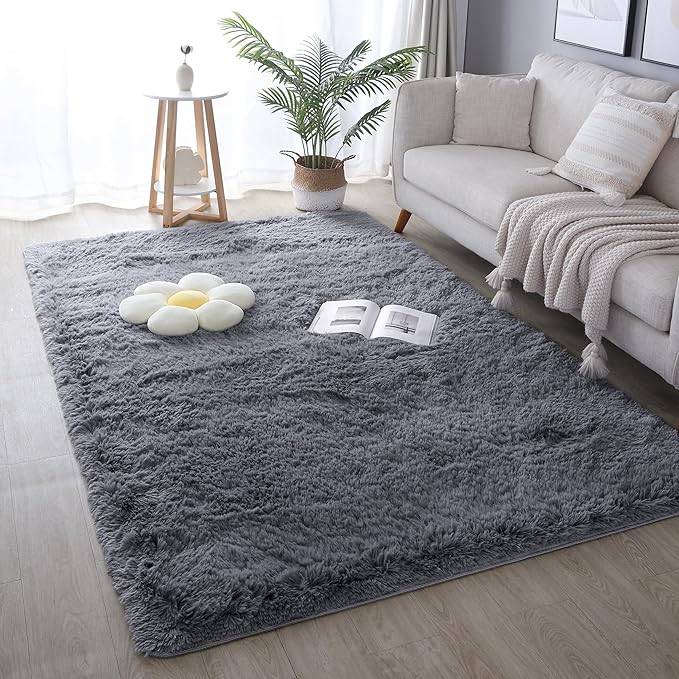 KICHOWUA 5x8 Grey Fluffy Fuzzy Area Rug for Bedroom, Soft Plush Washable Shag Carpet for Living Room,Gray Comfy Floor Non Slip Furry Shaggy Rugs for Kids Baby Boys Girls Nursery Teens College Dorm