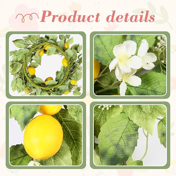 YNYLCHMX 18" Wreaths for Front Door, Artificial Floral Lemon Wreath with Green Eucalyptus Leaves, Green Foliage Wreath for Wall Window Farmhouse Party Holiday Home Decor