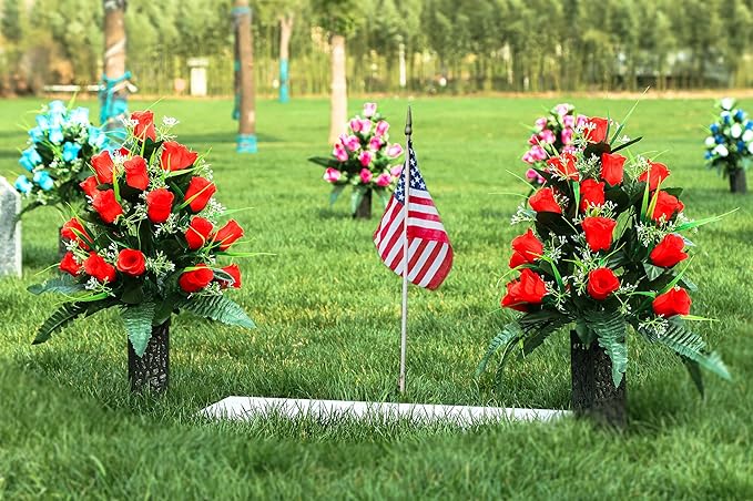 LVXINLI 2 Sets Artificial Cemetery Flowers,Outdoor Grave Decorations Roses,Beautiful Arrangements Bouquet with Cemetery Vase,Lasting and Non-Bleed Colors (Red)