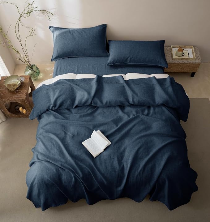 Talasily 100% French Linen Pillow Case King Size Set of 2,Oeko-TEX Certified Stone Washed Flax Pillow Shams with Envelope Closure - Breathable & Cooling for Hot Sleepers（Navy Blue,20''x36''）