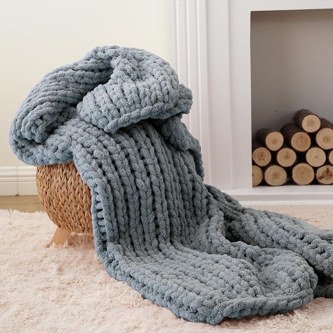 Battilo Chunky Knit Throw Blanket for Couch, Soft and Thick Chenille Throw Blanket, 50"x60" Handmade Cable Knit Crochet Blanket, Bluish Grey Knot Knitted Throw Blankets for Home Decor, Bluish Grey