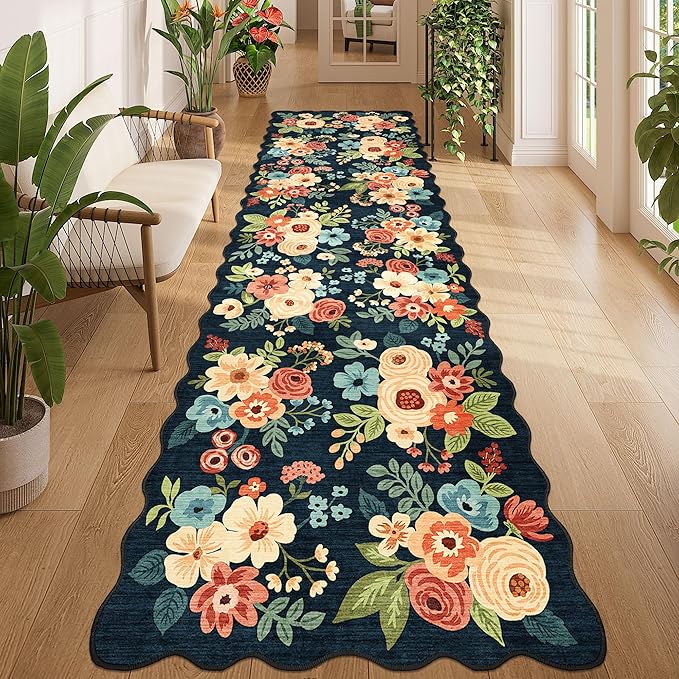 DUKINO 3x10 Washable Runner Rug, Non Slip Floral Ultra Soft Runner for Hallway, Lightweight Low Pile & Stain Resistant Long Throw Carpet for Kitchen, Bathroom, Entrance, Bedroom, Kids Room, Navy Blue