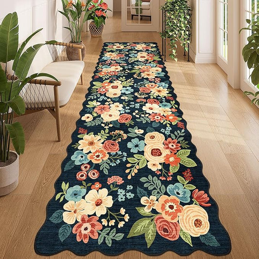 DUKINO 3x10 Washable Runner Rug, Non Slip Floral Ultra Soft Runner for Hallway, Lightweight Low Pile & Stain Resistant Long Throw Carpet for Kitchen, Bathroom, Entrance, Bedroom, Kids Room, Navy Blue